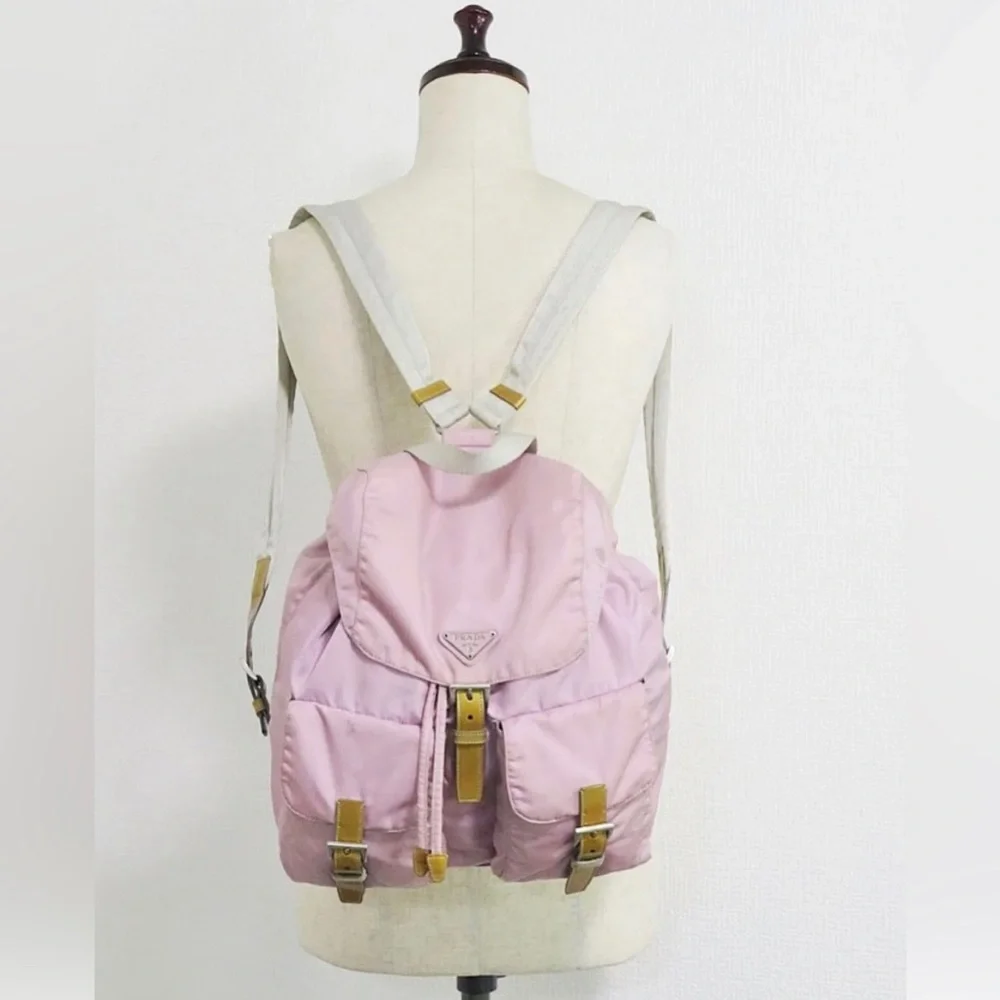 🦄 Authentic PRADA Pink Nylon and Gold Leather Backpack Bag Purse - Picture 10 of 12